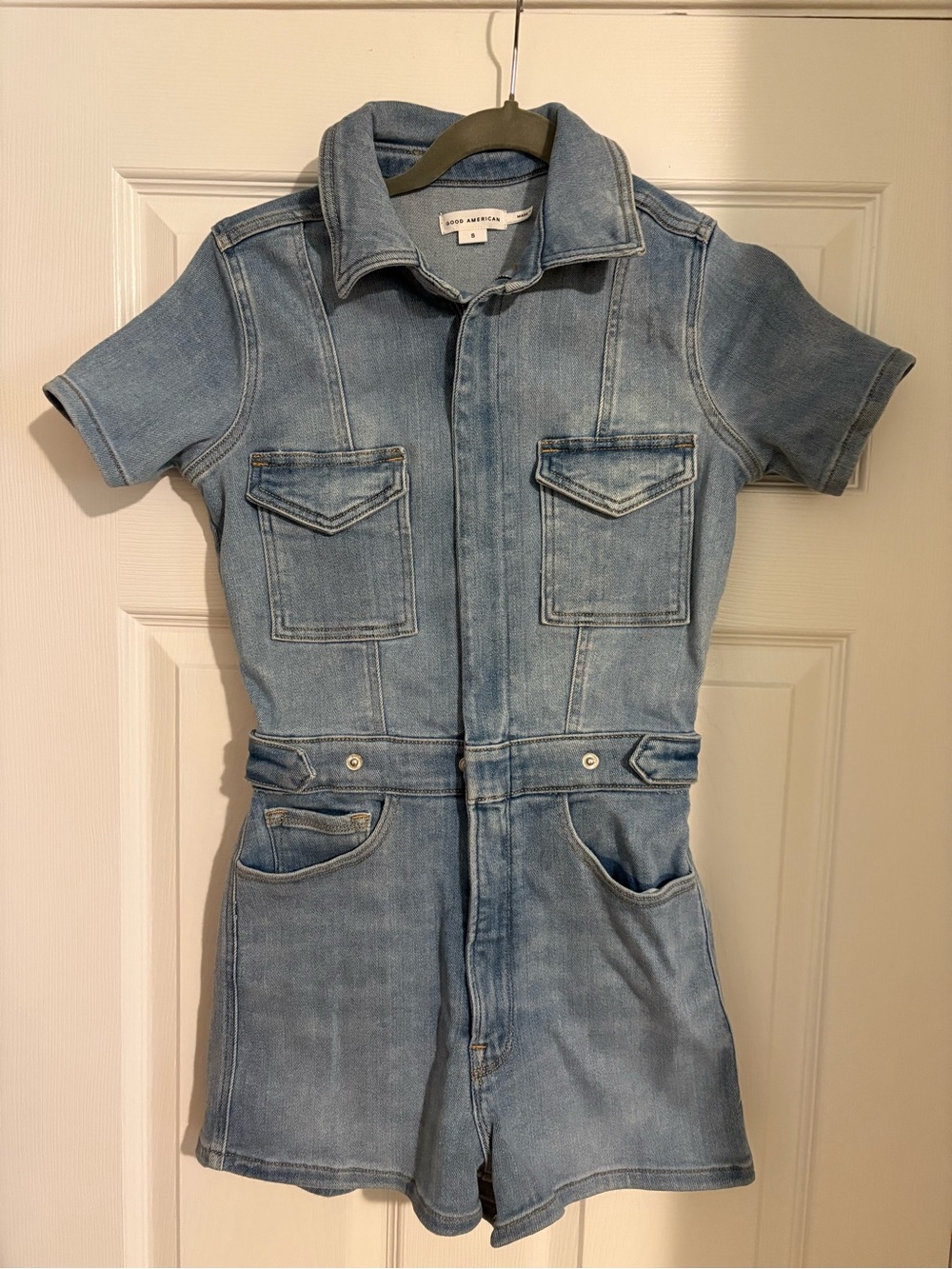 Good American Light Blue Denim Short-Sleeve jumpsuit